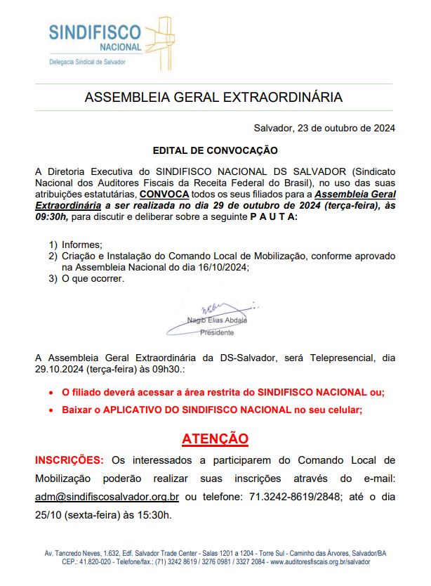 Assembleia Geral Extraordinária - 29.10.24 às 09:30h - Comando Local Mobilização